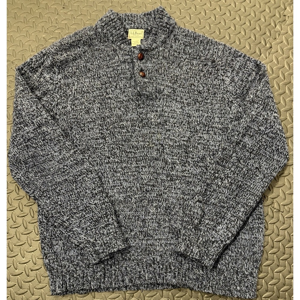 LL Bean Mens XL Henley Sweater Blue Knit 100% Lambswool Fisherman Chunky Buttons